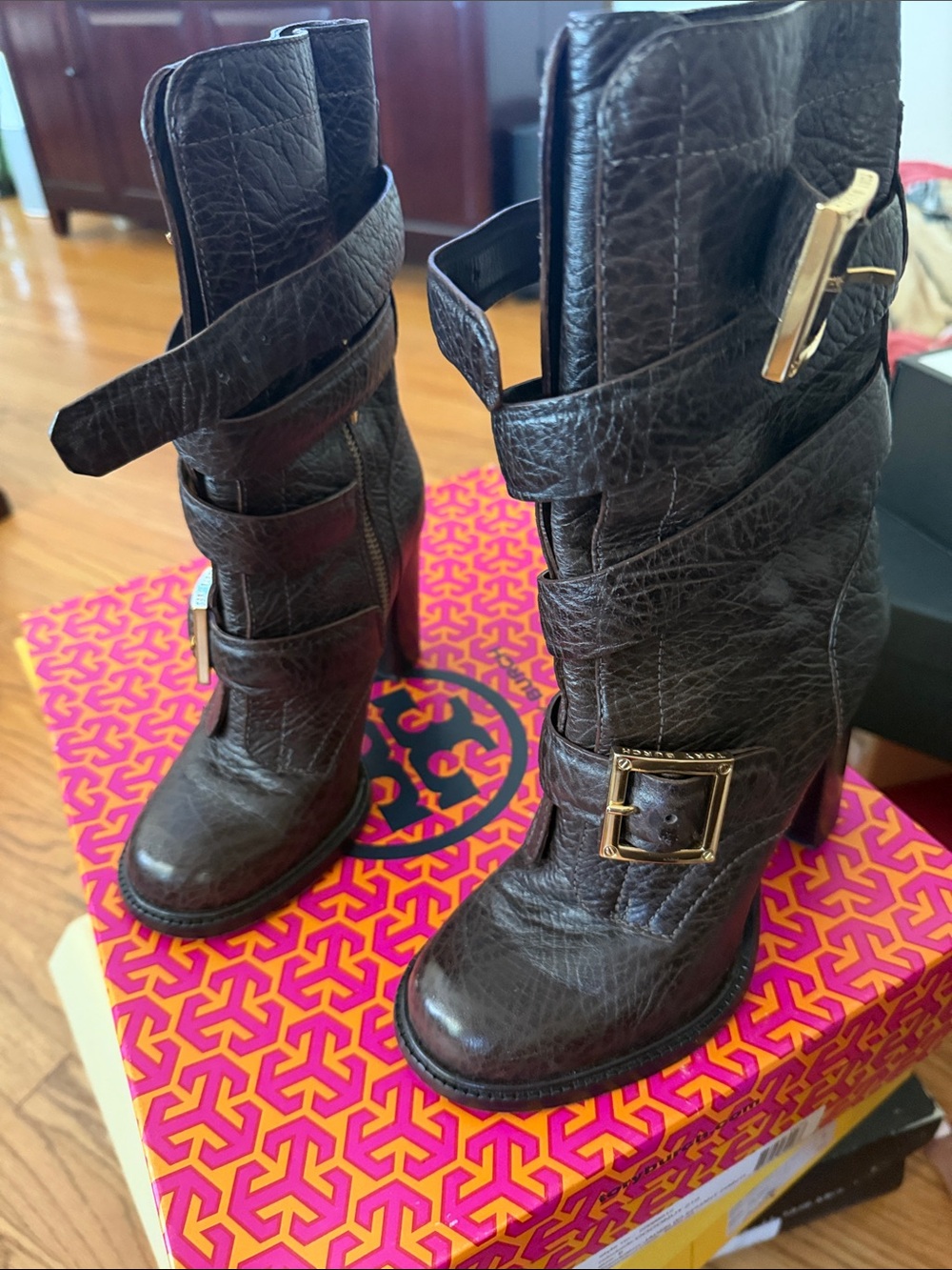 Tory Burch Dark Brown Leather Buckle Heeled Ankle Boots